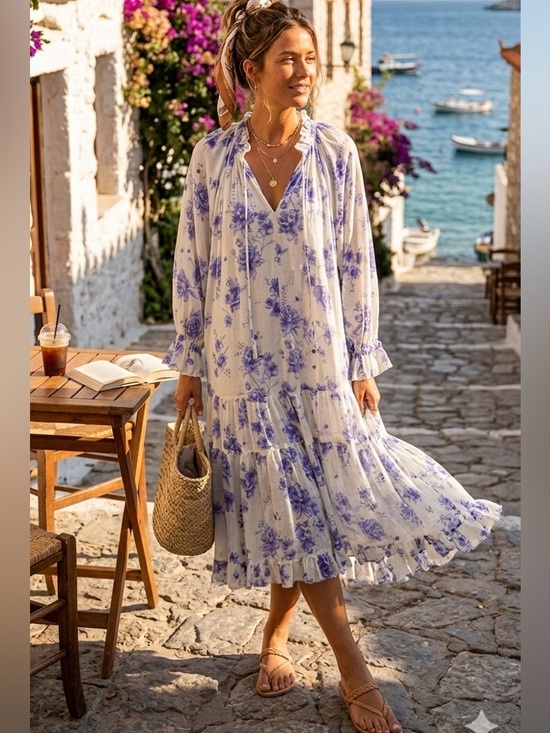 Free People Dresses & Skirts - Free People M Ivory Purple Floral Puff Sleeves Dress Ruffle Frayed hem